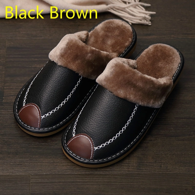 Slippers On Sale FONGIMIC Men Slippers PU Leather Slippers Indoor Waterproof House Shoes