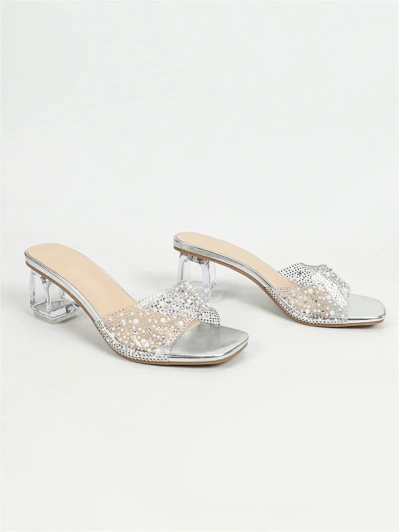 Slippers Bearpaw Liyke Size 36-43 Transparent Slippers For Women Summer Fashion Crystal Rhinestone Square Toe Clear Heels Slides Shoes Sandals
