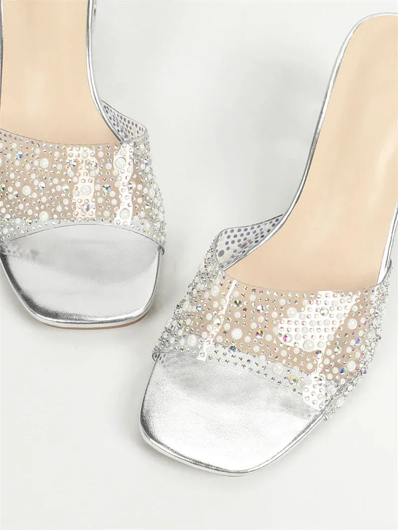 Liyke Size 36-43 Transparent Slippers For Women Summer Fashion Crystal Rhinestone Square Toe Clear Heels Slides Shoes Sandals Paca Slippers
