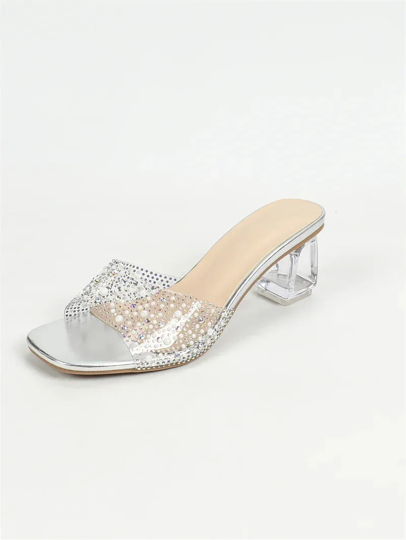 Thong Flip Flop Slippers Liyke Size 36-43 Transparent Slippers For Women Summer Fashion Crystal Rhinestone Square Toe Clear Heels Slides Shoes Sandals