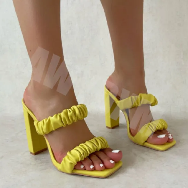 Designer Slippers 2022 Fashion Pleated Female Sandals Sexy Open Toe High Heels Lady Pumps Dress Party Shoes Women Summer Slides Lace Up Ballet Slippers