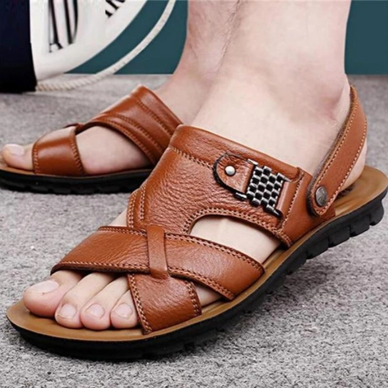 Men's Genuine Leather Casual Non-Slip Sandals Beach Slippers Shoes Canvas Split Sole Ballet Slippers