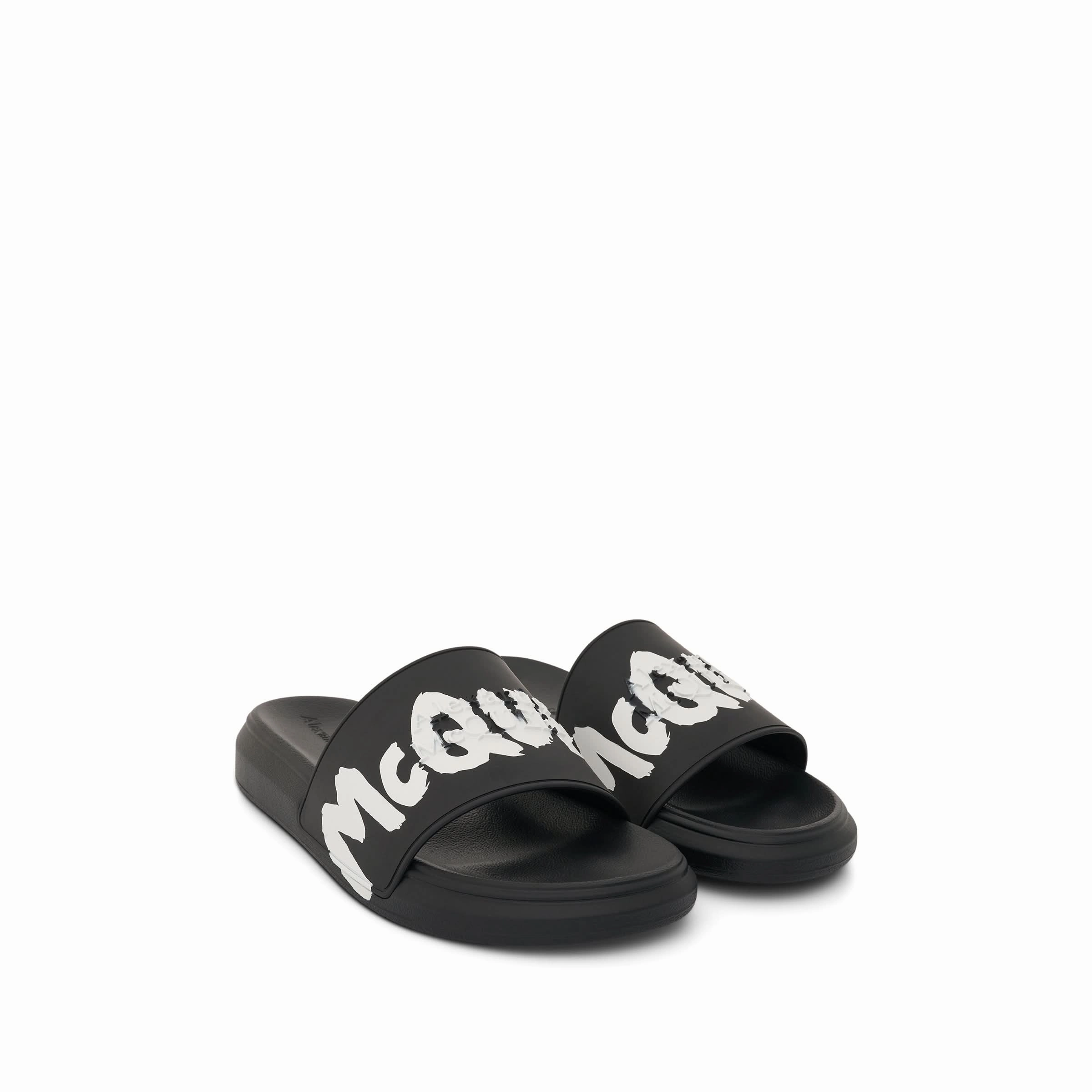 Lace Up Wedge Sandals Graffiti Logo Print Slider in Black/White
