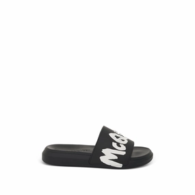 Graffiti Logo Print Slider in Black/White Platform High Heel Sandals