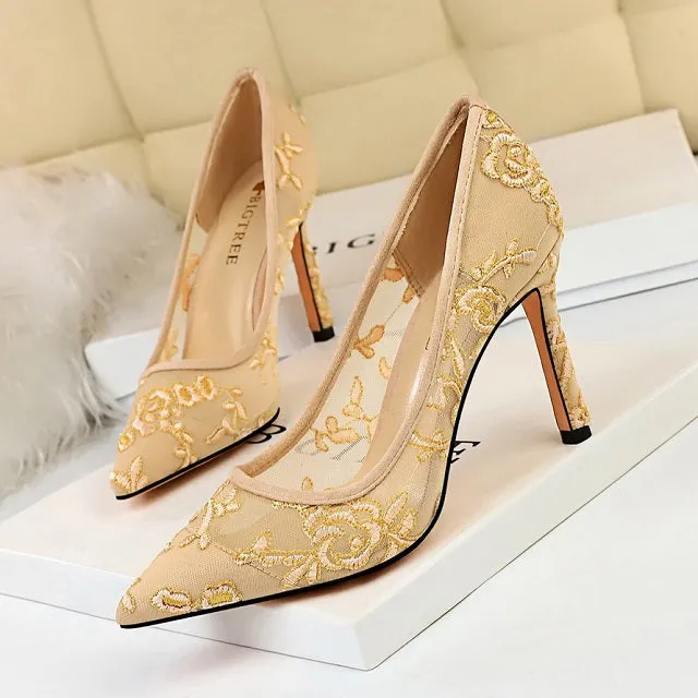 New High Heel Shoes Elegant Embroidery Women Pumps Fashion Women Shoes Rubber Slides Shoes