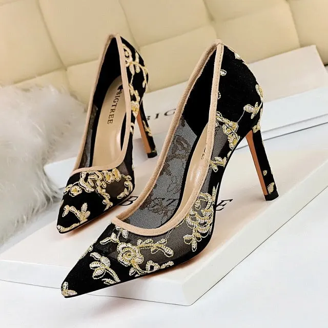 New High Heel Shoes Elegant Embroidery Women Pumps Fashion Women Shoes Crochet Slippers Adults