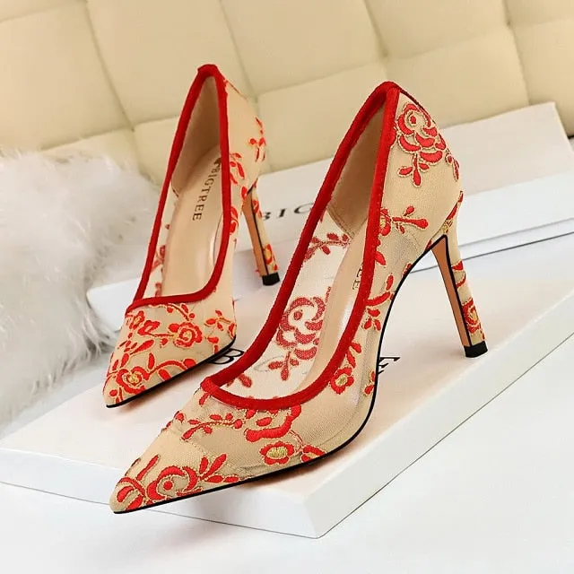 New High Heel Shoes Elegant Embroidery Women Pumps Fashion Women Shoes Striped Slippers