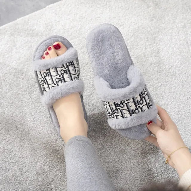Night Slippers Winter Women House Slippers Faux Fur Fashion Warm Shoes