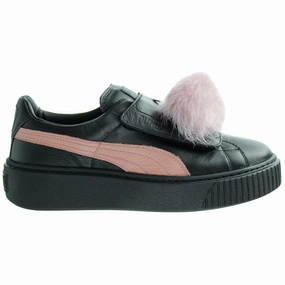 Create Your Own Pumas Shoes Puma Basket Platform PomPom Womens Black Trainers