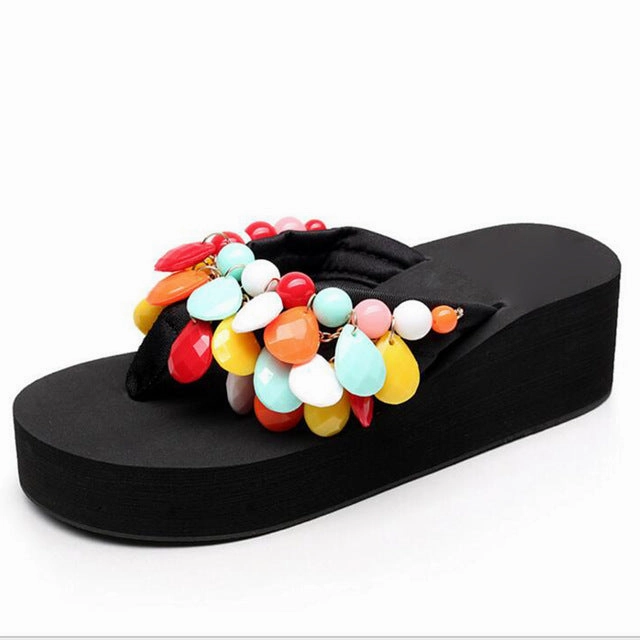 HEE GRAND Woman String Bead Slippers Wedges Flip Flops Summer Colorful  Shoes Light Beach Slides Women's Girl's Footwear XWT728 Wedding Day Flip Flops