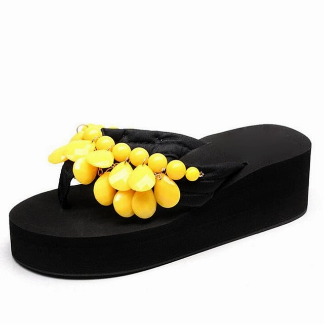 HEE GRAND Woman String Bead Slippers Wedges Flip Flops Summer Colorful  Shoes Light Beach Slides Women's Girl's Footwear XWT728 Clear Studded Flip Flops