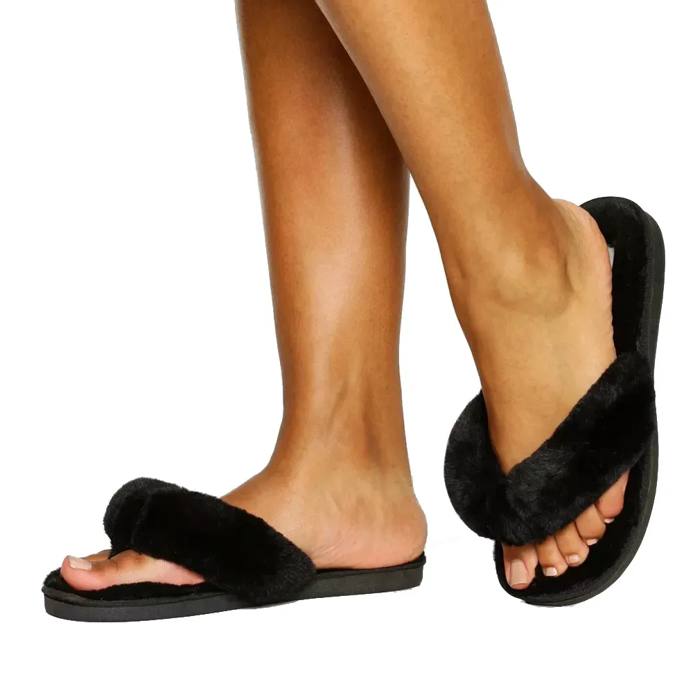 Snookie Slippers Women's faux fur thong slippers,Black