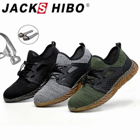 JACKSHIBO  Work Safety Shoes For Men Summer Breathable Boots Working Steel Toe Anti-Smashing Construction Safety Work Sneakers Chinese Laundry Shoes Flats