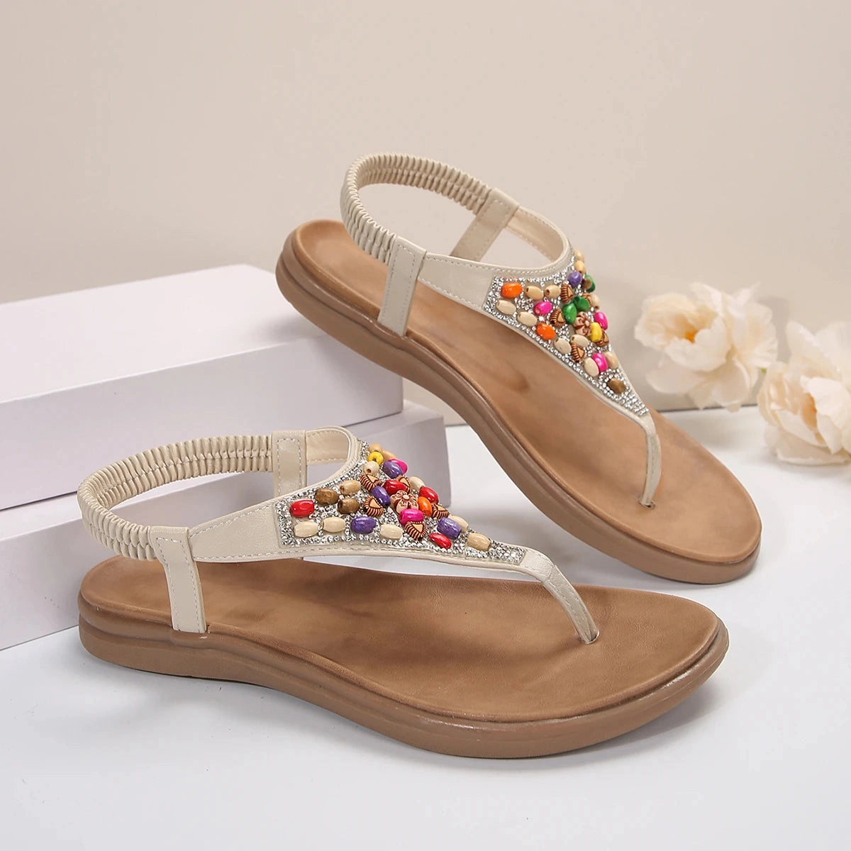 Bohemia Elastic Band Summer Flat Heel Sandals Colorful Beads Flip Or Flop New