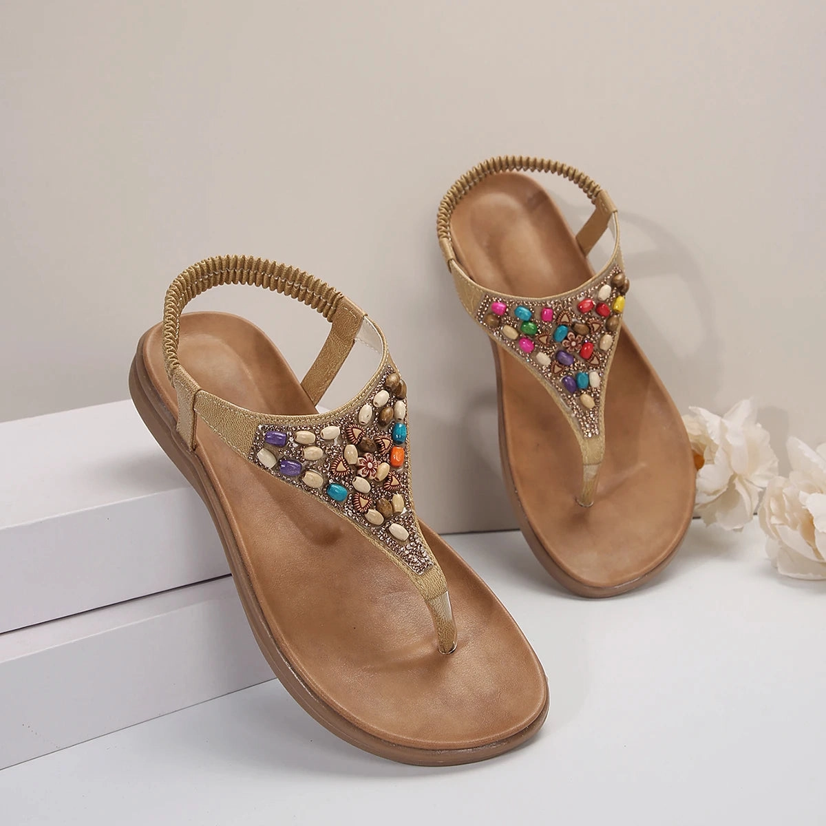 Strap For Flip Flops Bohemia Elastic Band Summer Flat Heel Sandals Colorful Beads