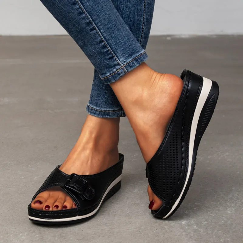 Large Size Slippers Female One-word with Fish Mouth Sandals and Slippers Slope Heel Platform Slope Heel Casual Shoes Real Shearling Slippers