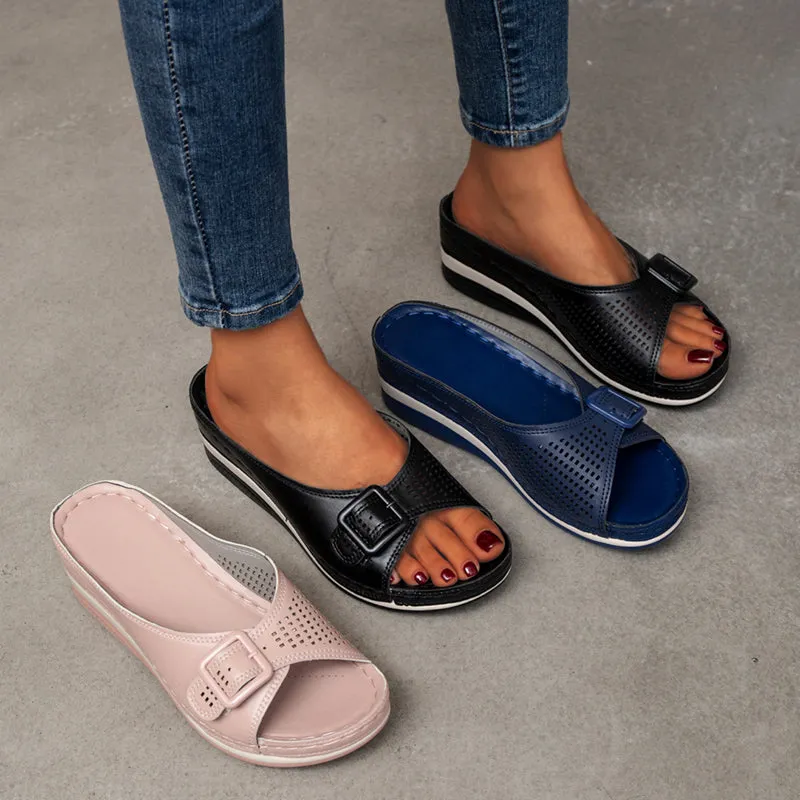 Large Size Slippers Female One-word with Fish Mouth Sandals and Slippers Slope Heel Platform Slope Heel Casual Shoes Slip Pink Fluffy