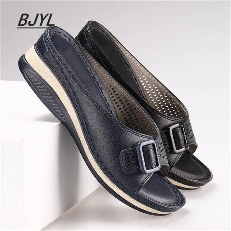 Large Size Slippers Female One-word with Fish Mouth Sandals and Slippers Slope Heel Platform Slope Heel Casual Shoes Anti Stink Slippers