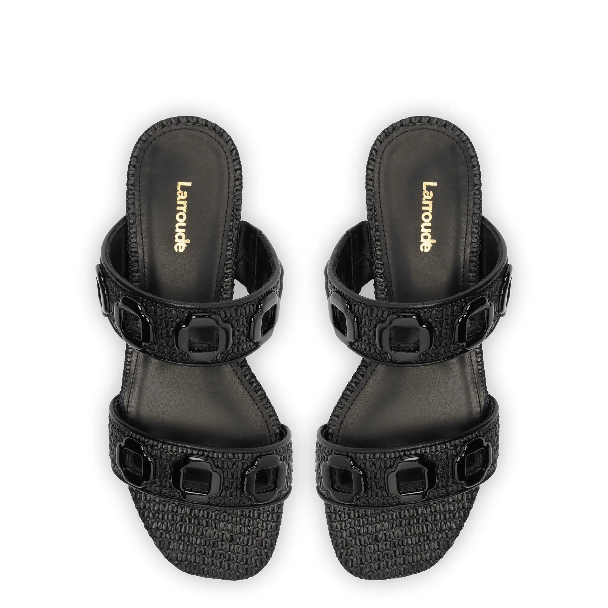 Larroude Milan Flat Mule In Black Wave Raffia Pearl Slippers