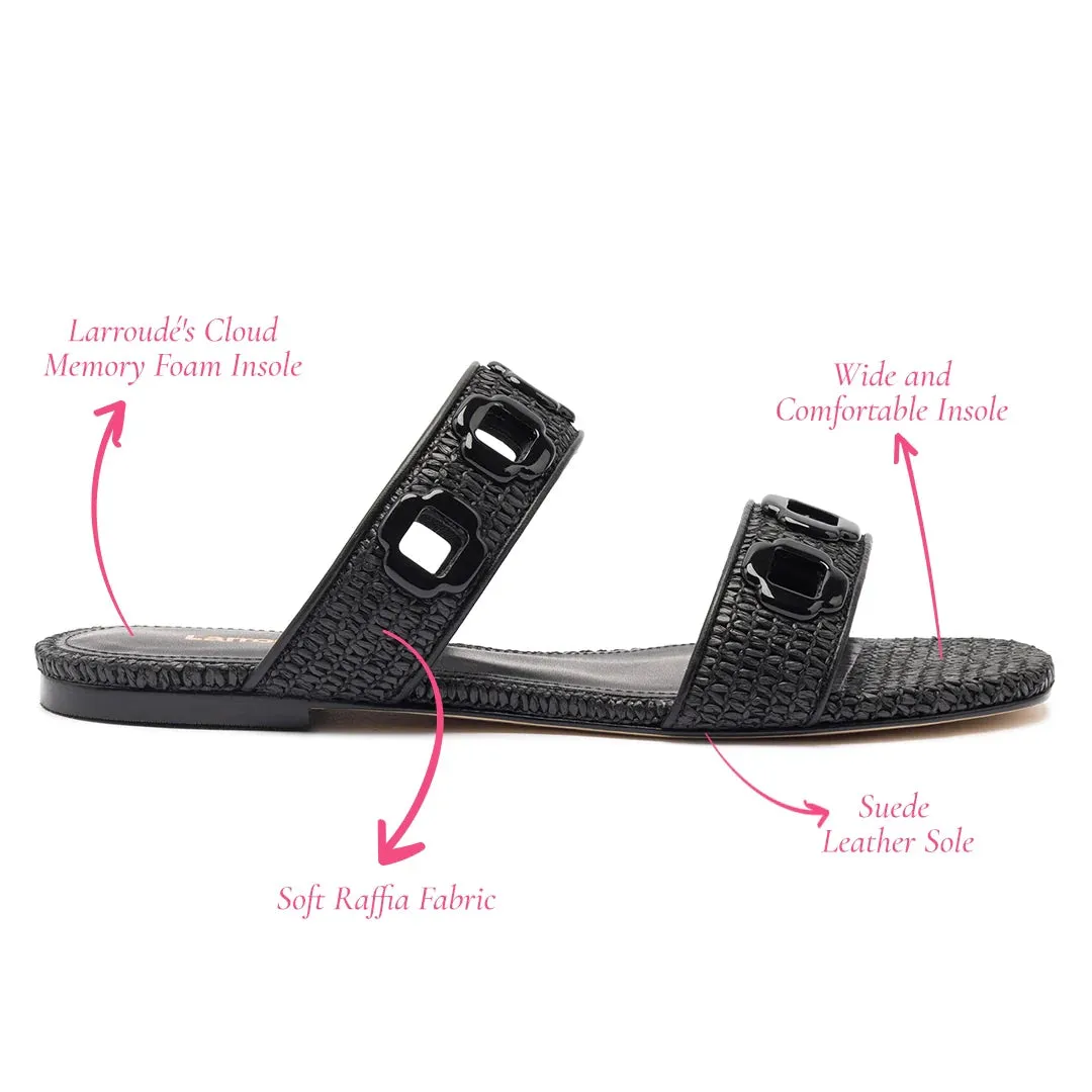 White Slides Larroude Milan Flat Mule In Black Wave Raffia