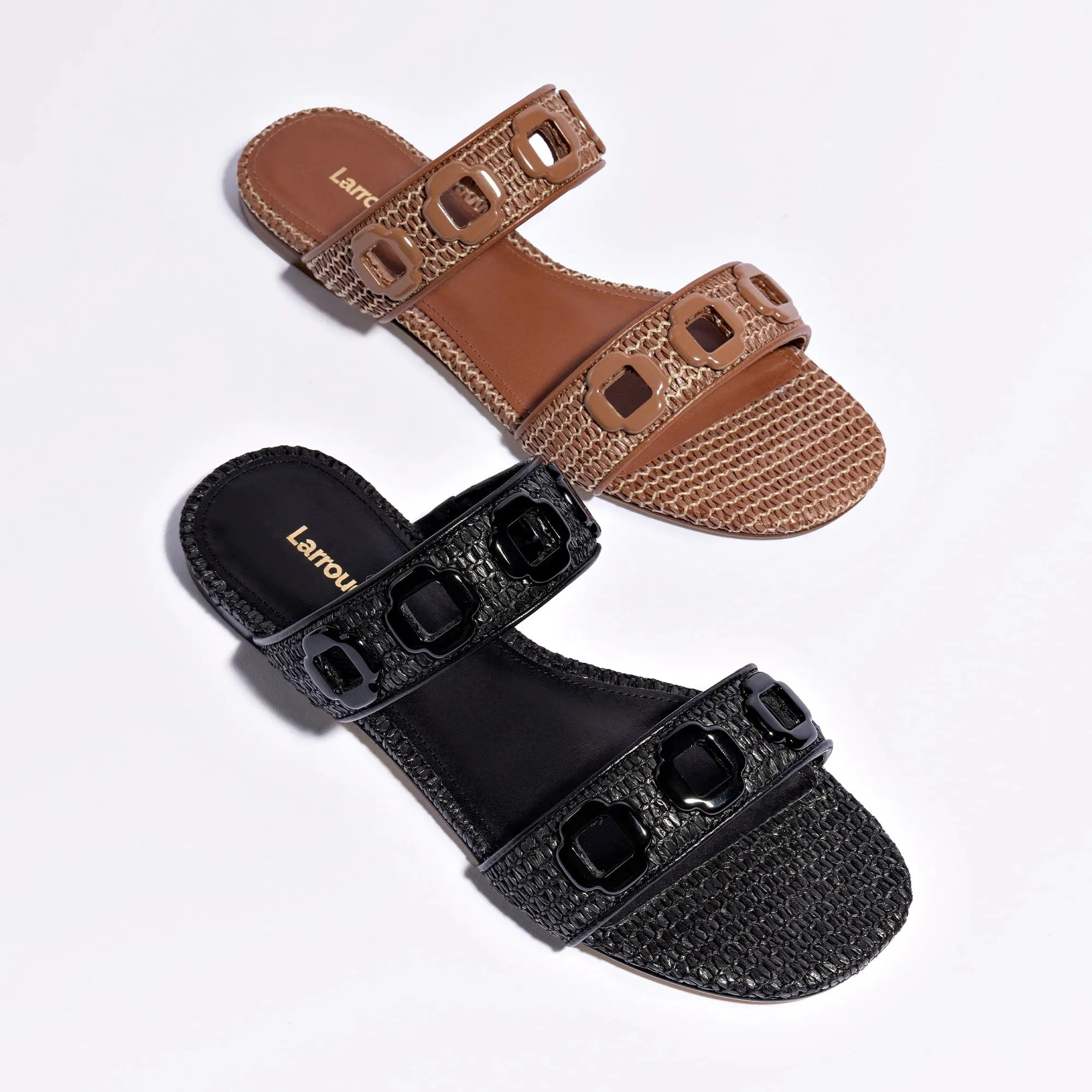 Larroude Milan Flat Mule In Black Wave Raffia Dti Slippers Code