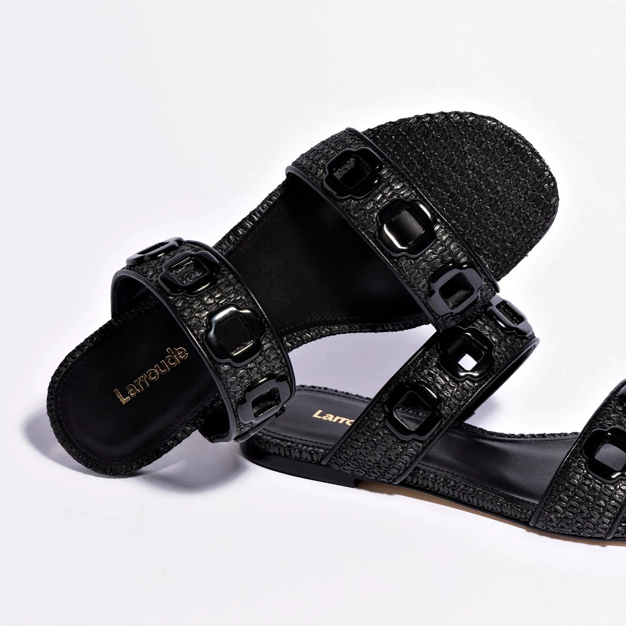 Slippers For Bathing Larroude Milan Flat Mule In Black Wave Raffia
