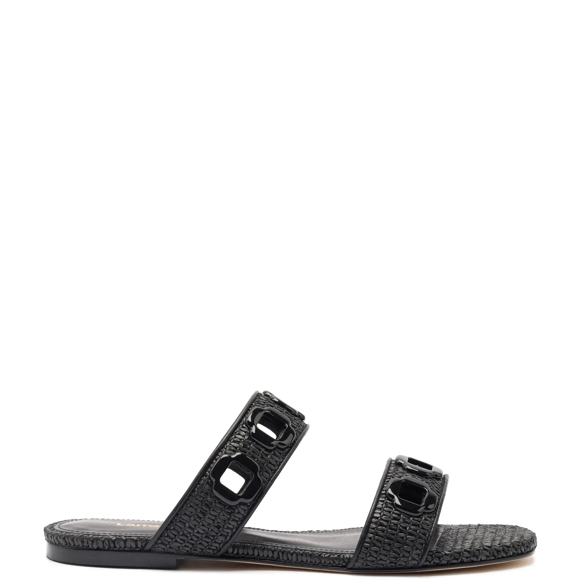 Larroude Milan Flat Mule In Black Wave Raffia Isotomer Slippers Size Guide