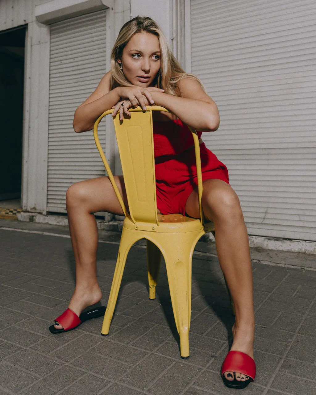 Mellow Slides Red vegan slides made of corn leather Flip Flops With Strap On Back