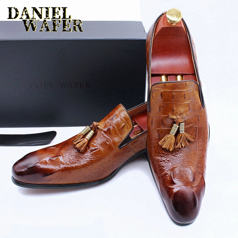 Loafers Brunello Luxury Men's Leather Dress Shoes Crocodile Prints Casual Men Shoes Slip On Tassels Loafers Office Wedding Shoes