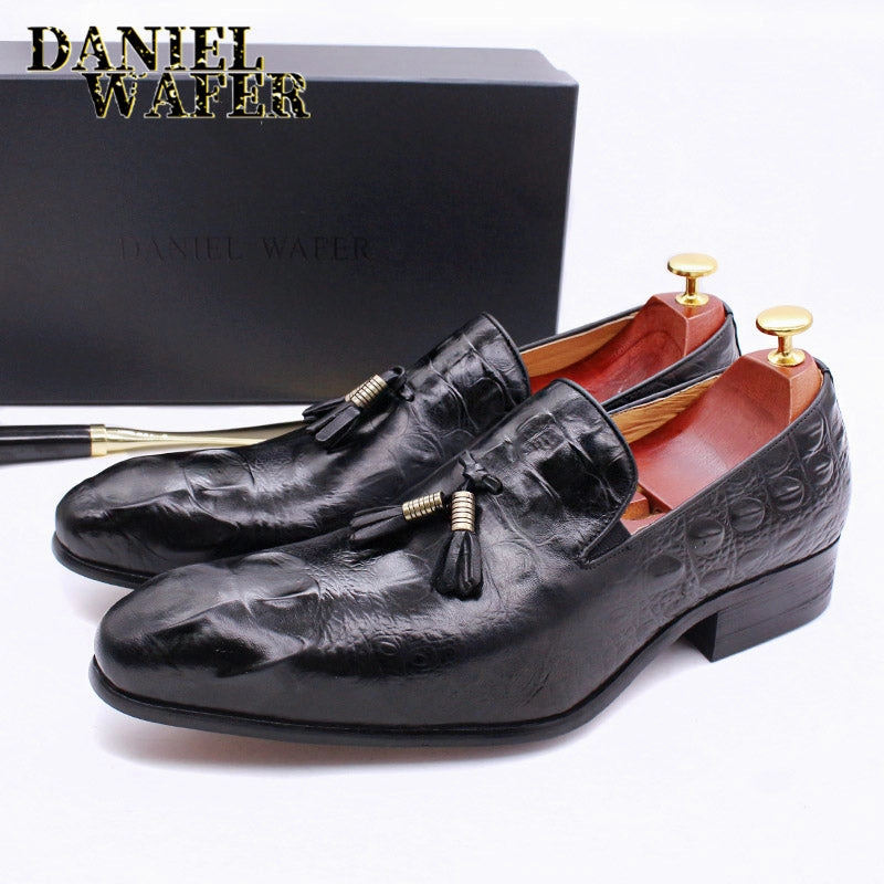 Pewter Loafers Luxury Men's Leather Dress Shoes Crocodile Prints Casual Men Shoes Slip On Tassels Loafers Office Wedding Shoes