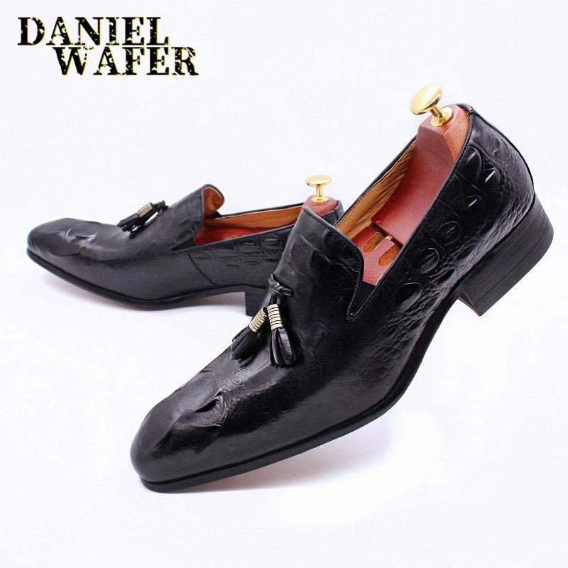 Luxury Men's Leather Dress Shoes Crocodile Prints Casual Men Shoes Slip On Tassels Loafers Office Wedding Shoes Knit Loafers