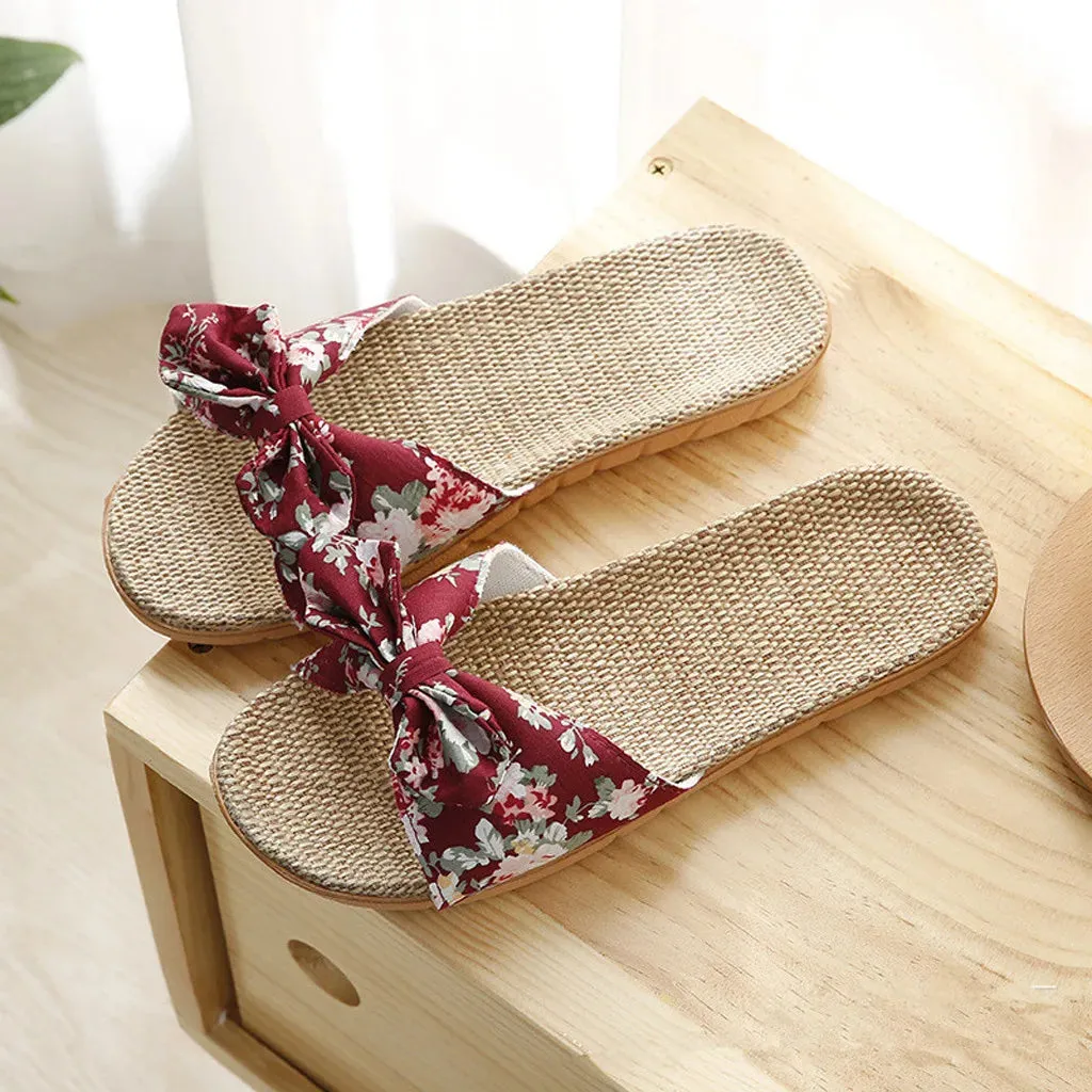 Women Summer Casual Slides Comfortable Flax Slippers Floral Bow Linen Flip Flops Platform Sandals Ladies Indoor Shoes Ballet Slippers Capezio