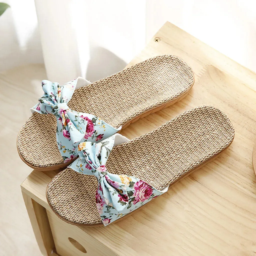 Women Summer Casual Slides Comfortable Flax Slippers Floral Bow Linen Flip Flops Platform Sandals Ladies Indoor Shoes Best Cheap Slippers