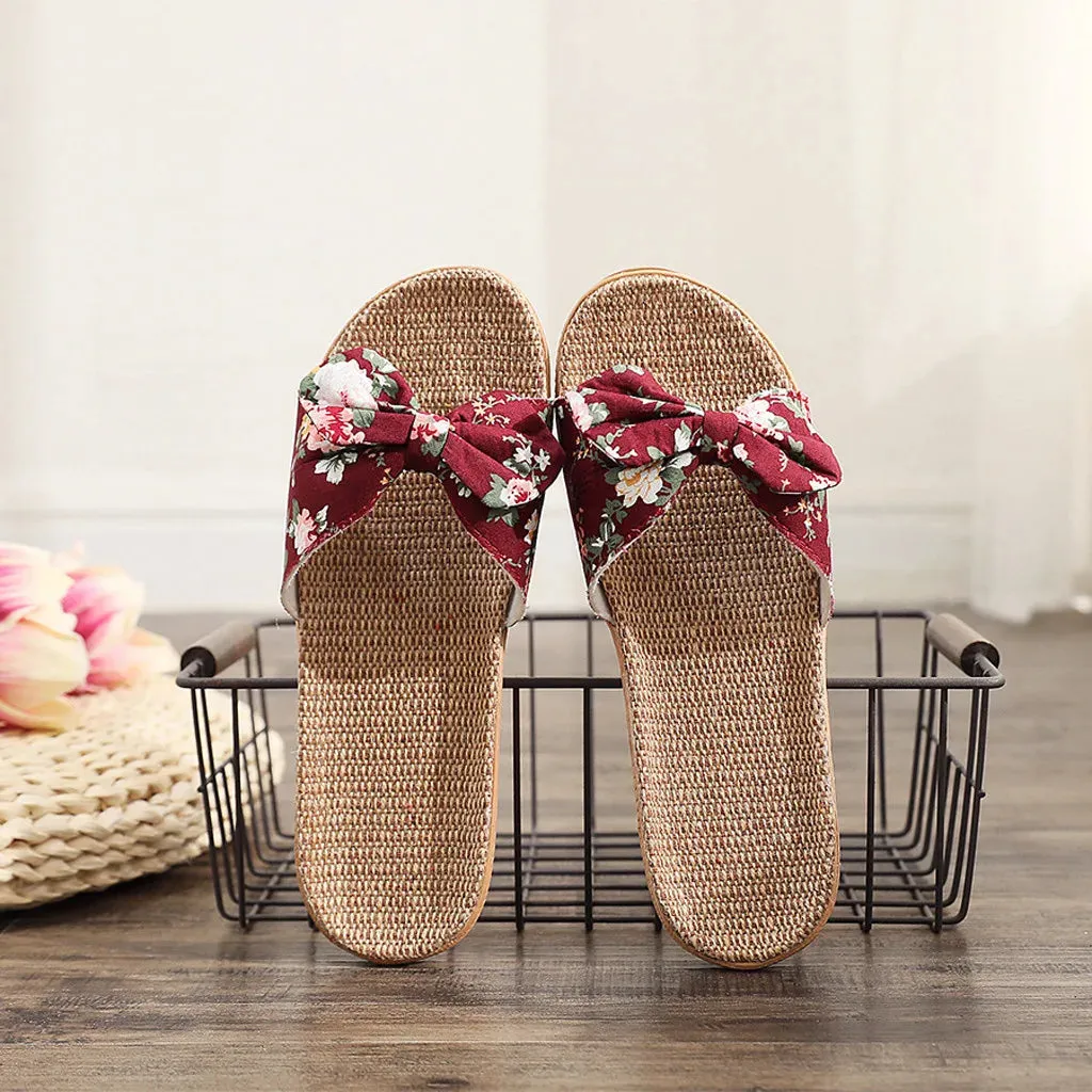 Paca Slippers Women Summer Casual Slides Comfortable Flax Slippers Floral Bow Linen Flip Flops Platform Sandals Ladies Indoor Shoes