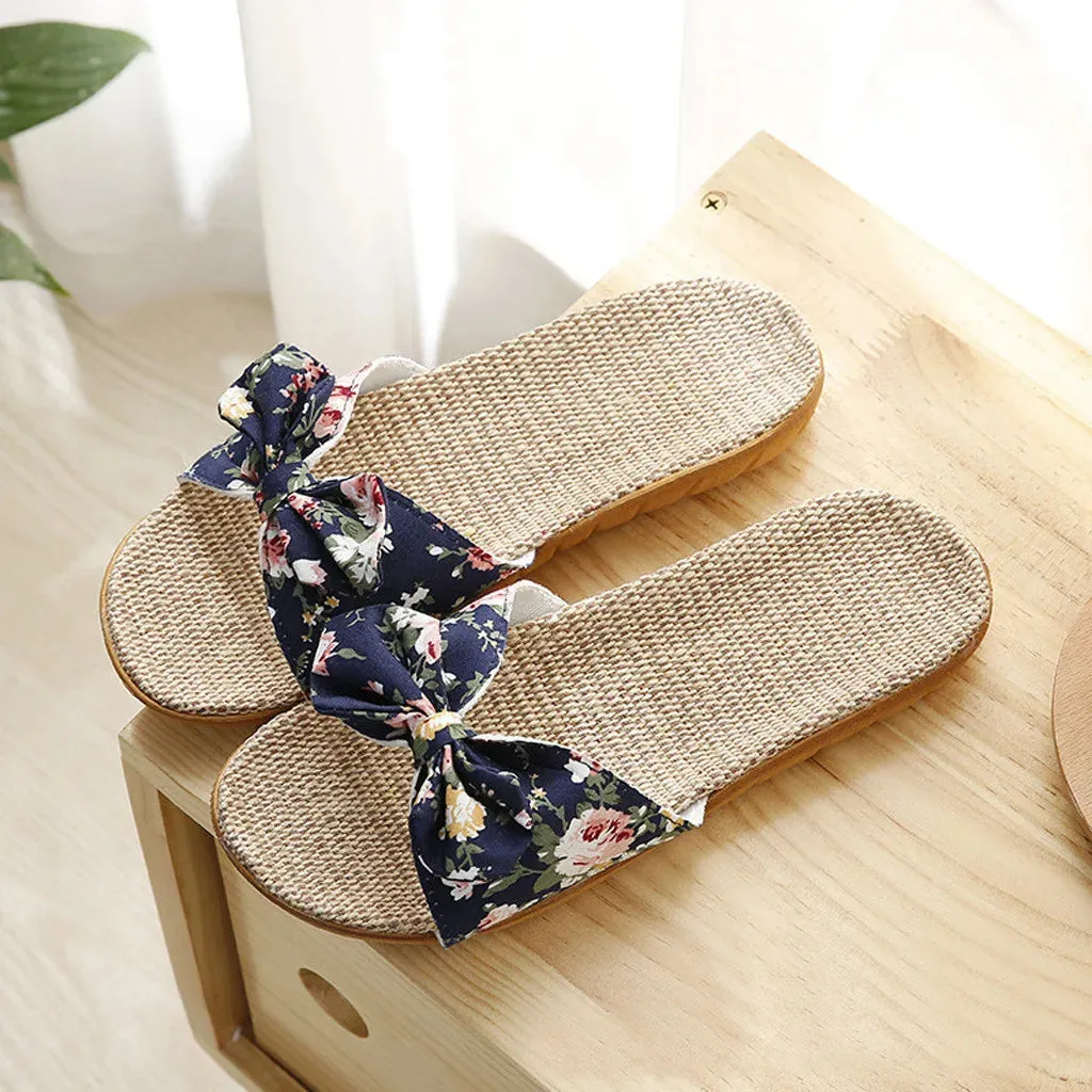Women Summer Casual Slides Comfortable Flax Slippers Floral Bow Linen Flip Flops Platform Sandals Ladies Indoor Shoes Crochet Slippers Tutorial