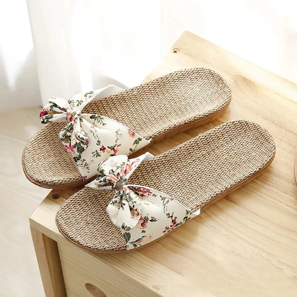 Preppy Slippers Women Summer Casual Slides Comfortable Flax Slippers Floral Bow Linen Flip Flops Platform Sandals Ladies Indoor Shoes
