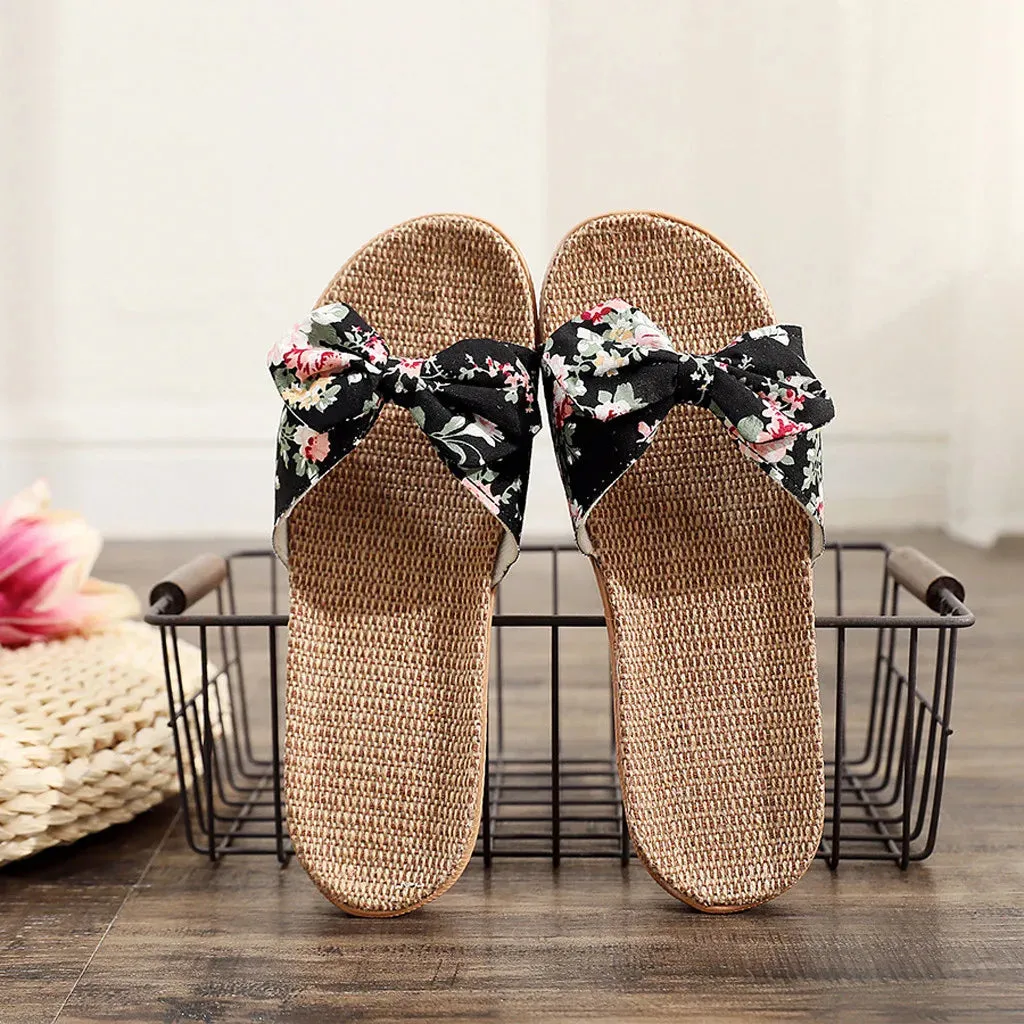 Women Summer Casual Slides Comfortable Flax Slippers Floral Bow Linen Flip Flops Platform Sandals Ladies Indoor Shoes Slippers Star