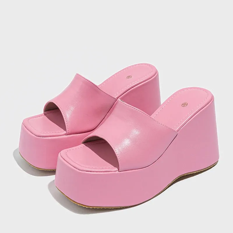Liyke Designer Open Toe Wedges Hausschuhe fr Frauen gemtliche weiche rosa Leder klobige Plateaus andalen Damenschuhe High Heels Slides Spotty Daily Slides