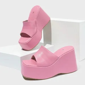 Liyke Designer Open Toe Wedges Hausschuhe fr Frauen gemtliche weiche rosa Leder klobige Plateaus andalen Damenschuhe High Heels Slides Wide Toe Slippers