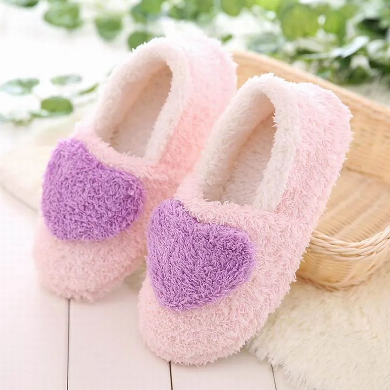 Beat Slippers Lovely heart slippers for women soft plush warm house shoes bedroom slippers