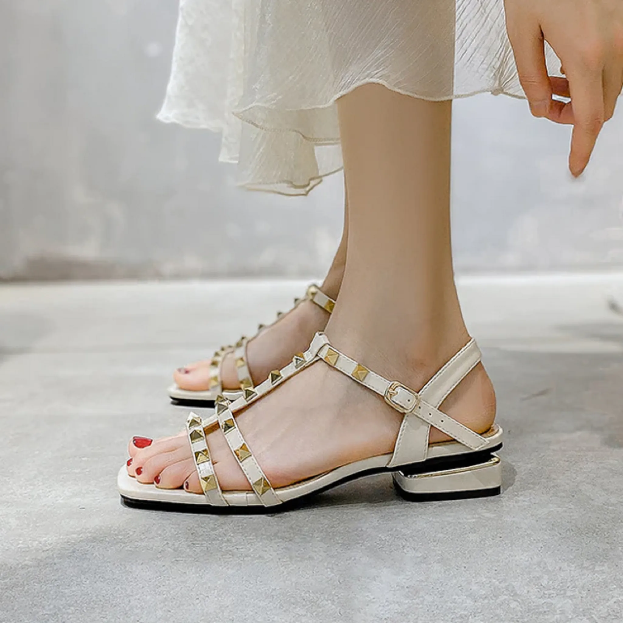 Slippers Coleus Low heel women's rivets sandals thin ribbon flat shoes comfy