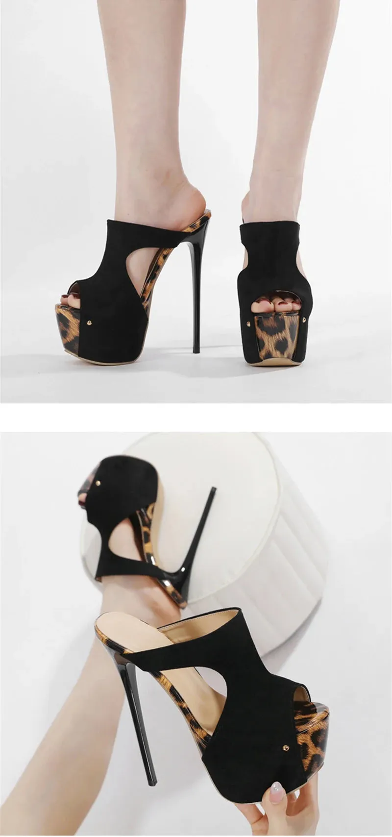 Liyke Sexy Leopard Print Peep Toe 16CM Extreme High Heels Moderne Hausschuhe Frauen Plattform Sandalen Sommer Party Bankett Schuhe Slides Platforms