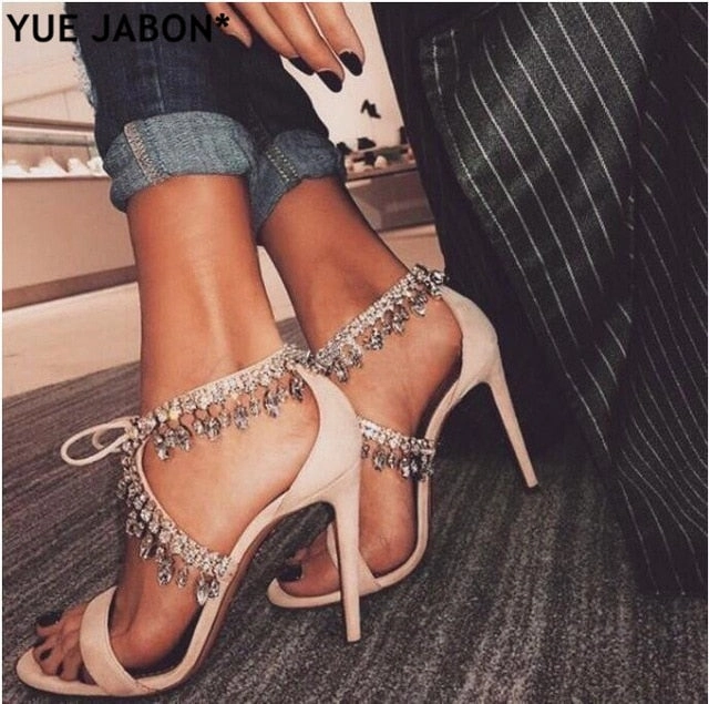 Luxury Diamond Crystal Embellished Fringed Suede Gladiator Sandals Women Ankle Tie Stiletto High Heels  party shoes Santorini Sandals