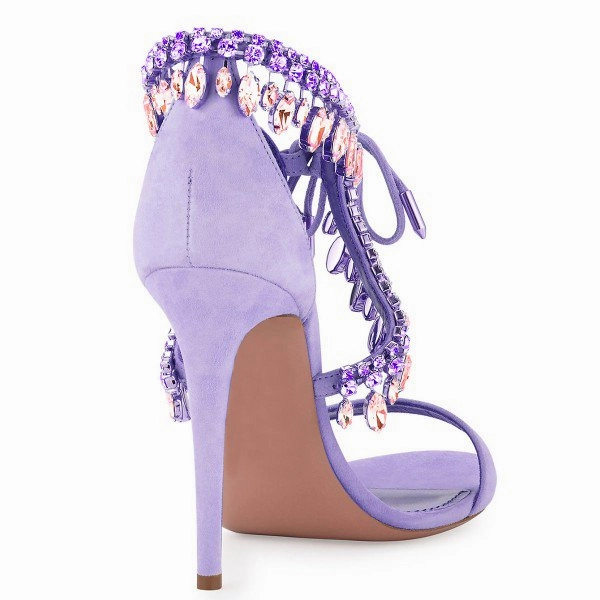 Luxury Diamond Crystal Embellished Fringed Suede Gladiator Sandals Women Ankle Tie Stiletto High Heels  party shoes Sandals Flatform