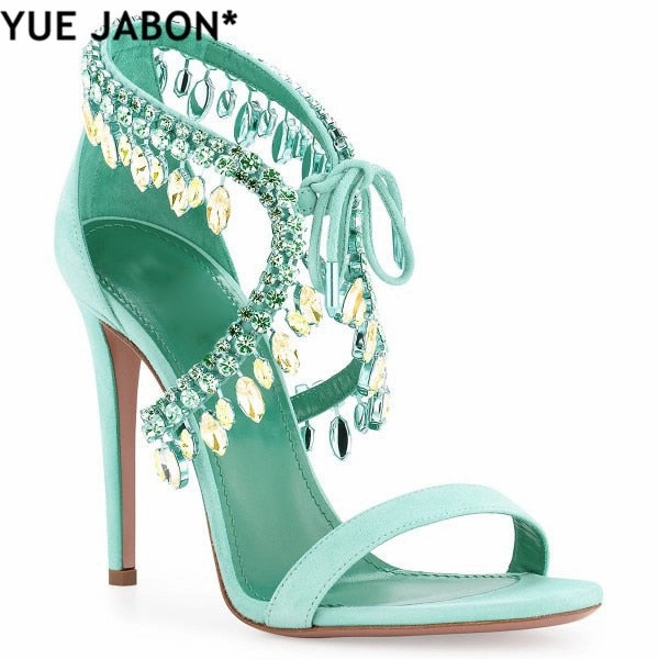 Luxury Diamond Crystal Embellished Fringed Suede Gladiator Sandals Women Ankle Tie Stiletto High Heels  party shoes Navy Flat Sandals