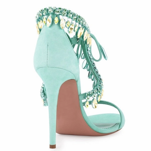 Sandals Royal Caribbean Montego Bay Luxury Diamond Crystal Embellished Fringed Suede Gladiator Sandals Women Ankle Tie Stiletto High Heels  party shoes