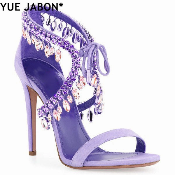 Luxury Diamond Crystal Embellished Fringed Suede Gladiator Sandals Women Ankle Tie Stiletto High Heels  party shoes Target Pearl Sandals