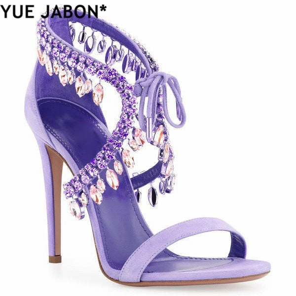 Luxury Diamond Crystal Embellished Fringed Suede Gladiator Sandals Women Ankle Tie Stiletto High Heels  party shoes Unique Sandals