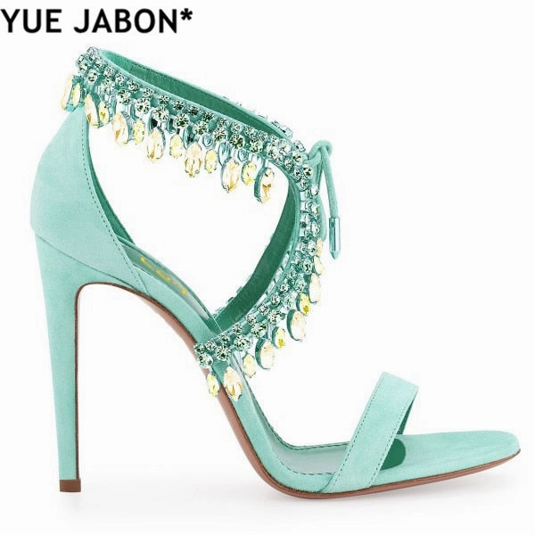 Sandals Clearance Sale Luxury Diamond Crystal Embellished Fringed Suede Gladiator Sandals Women Ankle Tie Stiletto High Heels  party shoes