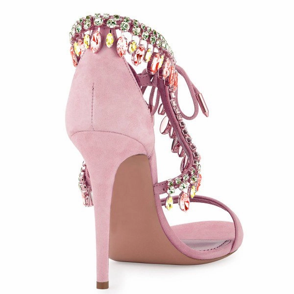 Sandals Anniversary Night Luxury Diamond Crystal Embellished Fringed Suede Gladiator Sandals Women Ankle Tie Stiletto High Heels  party shoes